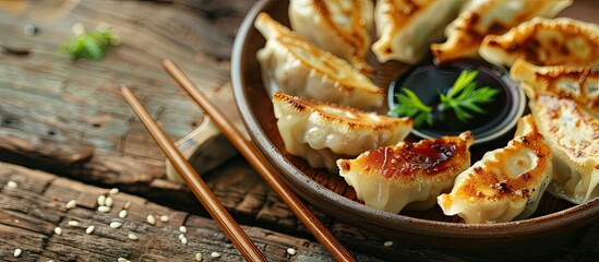 Aufkleber - Selective focus on gyoza or dumplings with soy sauce in a copy space image