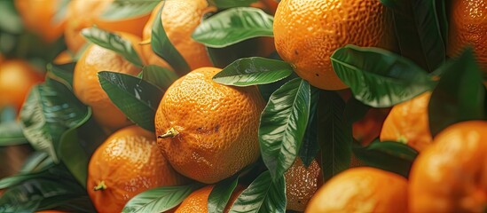 Wall Mural - A close up view of a stack of fresh oranges in a market stall with lush green leaves peeking through creating an inviting copy space image