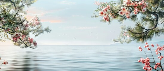 Poster - A picturesque scene showing pine tree branches with flowers on one side and the sea on the other creating a serene copy space image
