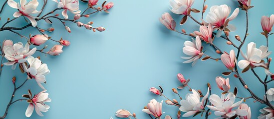 Poster - Floral spring blooms set against a serene blue backdrop with space for adding images. Creative banner. Copyspace image