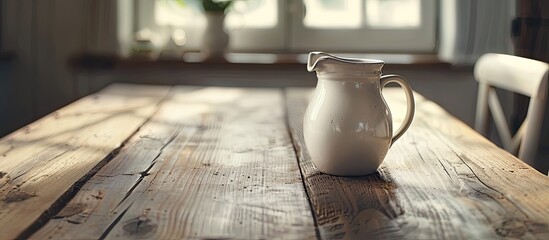 Poster - Wooden table with a jug of fresh milk providing copy space image