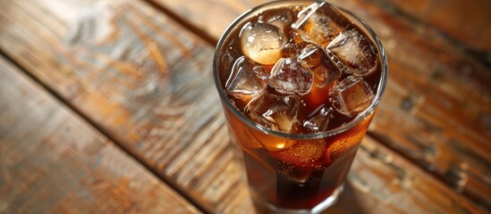 A close up image of an iced black coffee or Americano in a cup on a wooden table with room for additional text or graphics