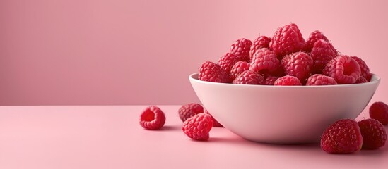 Aufkleber - A creative fruit arrangement featuring ripe raspberries on a soft pink backdrop with space for text or images. Creative banner. Copyspace image