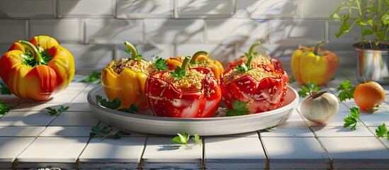 Sticker - Close up of quinoa filled bell peppers and parsley arranged in a baking dish on a white table with a tiled surface offering space for text in the image. Creative banner. Copyspace image