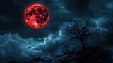 A blood-red moon casts an eerie glow over a mystical Halloween scene, shrouded in clouds and darkness. Perfect for horror or fantasy themes.