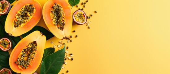 Aufkleber - Halved papayas rucola and granola with copy space set on a yellow background alongside slices of sweet papaya and passion fruit