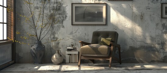 Poster - Living room decor features an armchair a vase with branches and pictures with copy space image