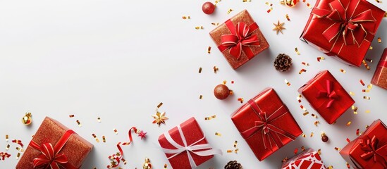 Poster - Copy space image featuring gift boxes set against a white background evoking the festive ambiance of Christmas and New Year holidays Perfect for a Christmas themed banner or mock up