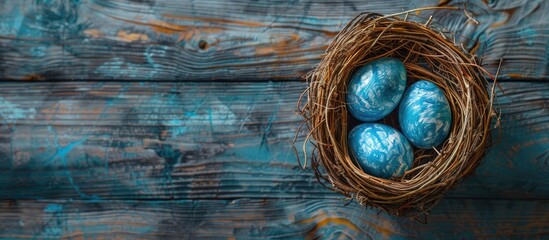 Aufkleber - Modern classic blue Easter eggs in a nest on a wooden table creating a festive Easter decoration with a spacious area for text or images. Creative banner. Copyspace image
