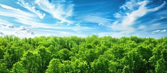 Wall Mural - Nature background with a clear blue sky and unique white clouds above a lush green forest creating a picturesque scene perfect as a natural template with copy space image