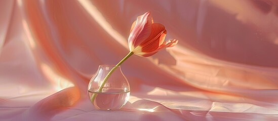 Poster - A delicate tulip in a small clear vase on a bright backdrop ideal for a birthday Mother s Day or wedding with a lovely card Ideal for a copy space image