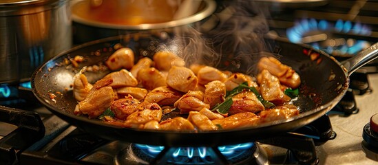 Poster - Cooking diced chicken fillet on a gas stove in a frying pan showing a copy space image