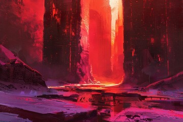 Wall Mural - Abstract Digital Painting of a Red and Pink Landscape with Towers