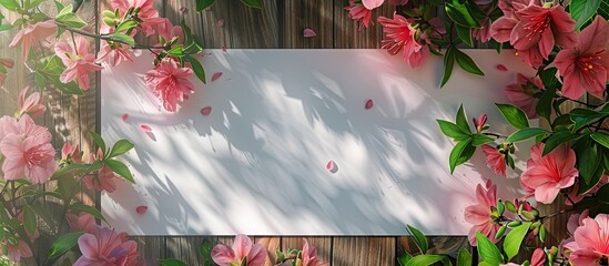 Poster - Pink azalea and green basil flowers on a wooden surface with a blank paper sheet create a beautiful spring border in a top view copy space image
