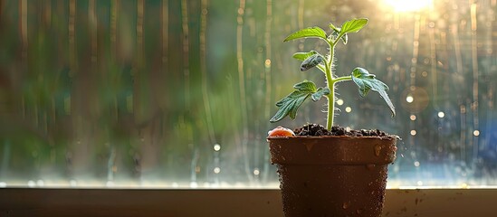Poster - Tomato seedling sprouting in a pot on a windowsill with copy space image