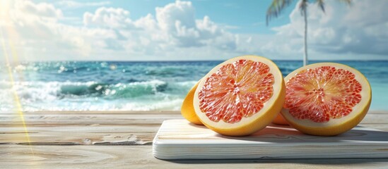 Aufkleber - Fresh grapefruits halved on a white wooden board against an exotic sea backdrop offering copy space for food drinks and products in sunny summer