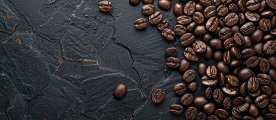 Poster - A top view closeup of freshly roasted coffee beans on a black stone background providing ample copy space for text or images