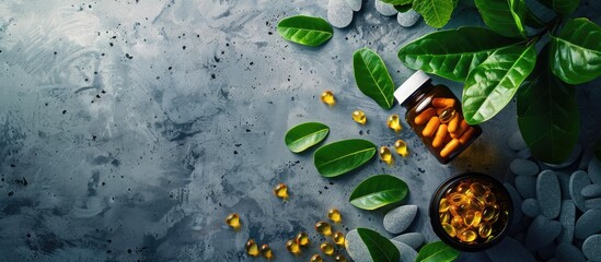 Poster - Top view of pills and leaves in a bottle on a concrete background with copy space image