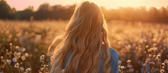 Canvas Print - Woman with long blonde hair behind her enjoying the outdoors in the summer with a background perfect for adding text or images. Creative banner. Copyspace image