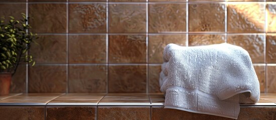 Poster - Hotel bathroom with a white bath towel and brown ceramic tiles allowing space for a copy space image