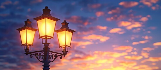 Aufkleber - Copy space image of a charming vintage street lamp illuminated in the evening against the backdrop of the sky