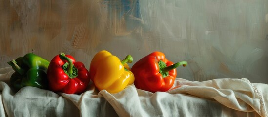Aufkleber - Colorful bell peppers nicely arranged on a linen cloth with available copy space image