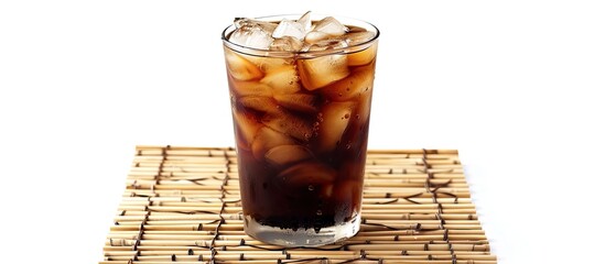 Poster - Iced Americano coffee displayed on a bamboo mat against a white background emphasizing the isolation theme with copy space image