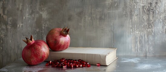 Poster - Blank book covers with a copy space image are displayed on a table with a pomegranate fruit and against a silver wall