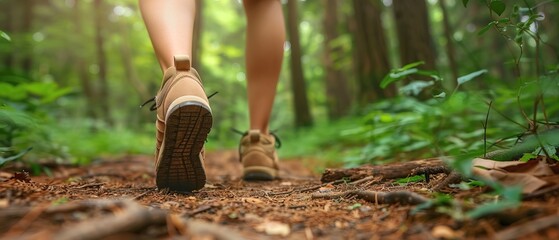 Back view of a young woman walking on the trail in a forest, close-up of a shoes