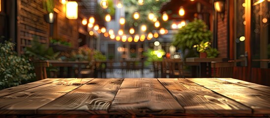 Wall Mural - A wooden table is placed in a vibrant restaurant scene at night offering an ideal spot for promoting food products with copy space image