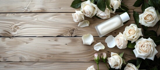 Poster - Flat lay arrangement of cosmetic products and roses on a wooden surface offering copy space for additional elements in the image