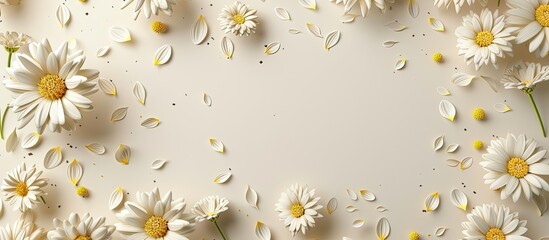 Poster - Circular frame of chamomile daisies on a light beige background with room for text or images ideal for creating a summer themed design. Creative banner. Copyspace image