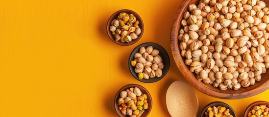Aufkleber - A wooden spoon surrounded by bowls filled with delicious pistachio nuts on a vibrant yellow backdrop ideal for a copy space image