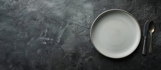Poster - Dark textured concrete background with a round ceramic plate and cutlery setting the scene for dinner preparation with copy space image