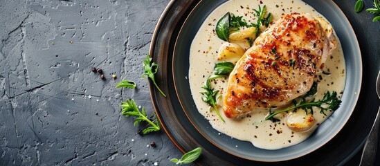 Aufkleber - A top down view of a table background displaying a baked chicken breast in creamy garlic sauce offering ample copy space in the image