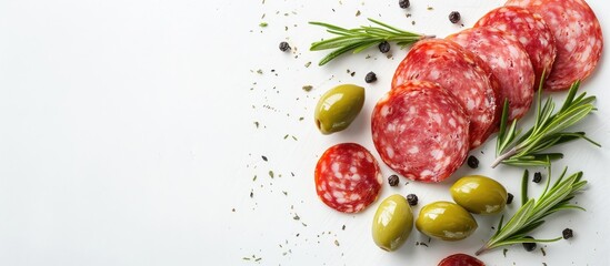 Aufkleber - French salami slices rosemary and olives on a white backdrop with room for text or images. Creative banner. Copyspace image