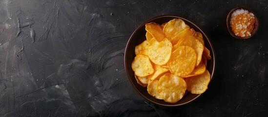 Poster - Potato and paprika chips in a bowl served with mustard and salt on a dark textured background ideal for a copy space image