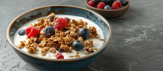 Aufkleber - Closeup shot of a bowl of delicious granola with yogurt and berries on a textured grey table perfect for including copy space image