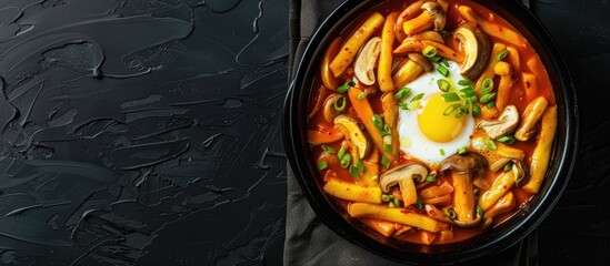 Aufkleber - Top view of Tteokbokki Hot and spicy Topokki stick rice cakes with egg and mushrooms set against a black background with ample copy space image
