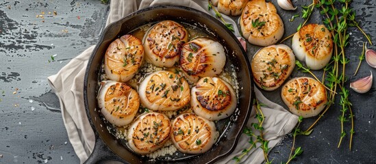 Aufkleber - Scallops cooked with garlic thyme and butter in a cast iron skillet with a gray background viewed from the top features ample copy space image