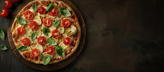 Aufkleber - Artichoke mozzarella tomatoes and cheese tart pizza on a wooden board against a dark background viewed from the top with copy space image available