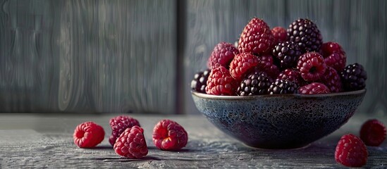 Aufkleber - Black raspberries arranged in a bowl on the left with a gray wooden table background on the right offering ample copy space image