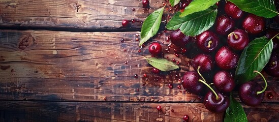 Poster - Fresh ripe cherries with leaves displayed on a textured wooden surface creating a visually appealing copy space image for vegan and healthy eating messages