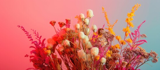 Poster - Floral arrangement featuring dried and artificial flowers set against a bright fluorescent backdrop with copy space image available
