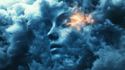 Female face in foggy cloudy sky dark cloud mother earth save environment