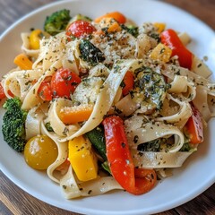 Canvas Print - A plate of pasta with vegetables, including broccoli, carrots, peppers, and tomatoes, topped with grated cheese and herbs.