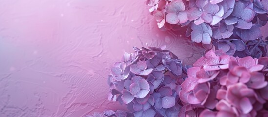 Poster - Purple hydrangea blooms set against a pink backdrop with ample space for additional imagery