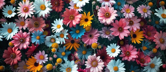 Fototapete - Colorful background with assorted chamomile flowers creating a flat lay image ideal for templates or mockups due to the available copy space
