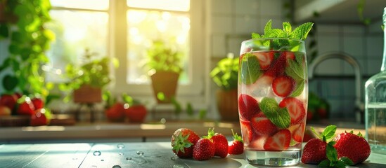 Sticker - A summery cocktail featuring strawberries and mint is on display in a well lit kitchen with a copy space image