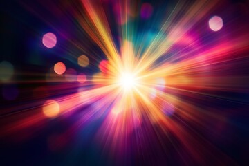 Poster - Vibrant light burst with colorful rays radiating in an abstract space scene at dusk